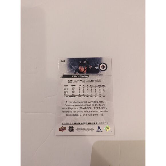 2022-23 Upper Deck- #443 Mark Scheifele Winnipeg Jets Center Card - Picture 2 of 2